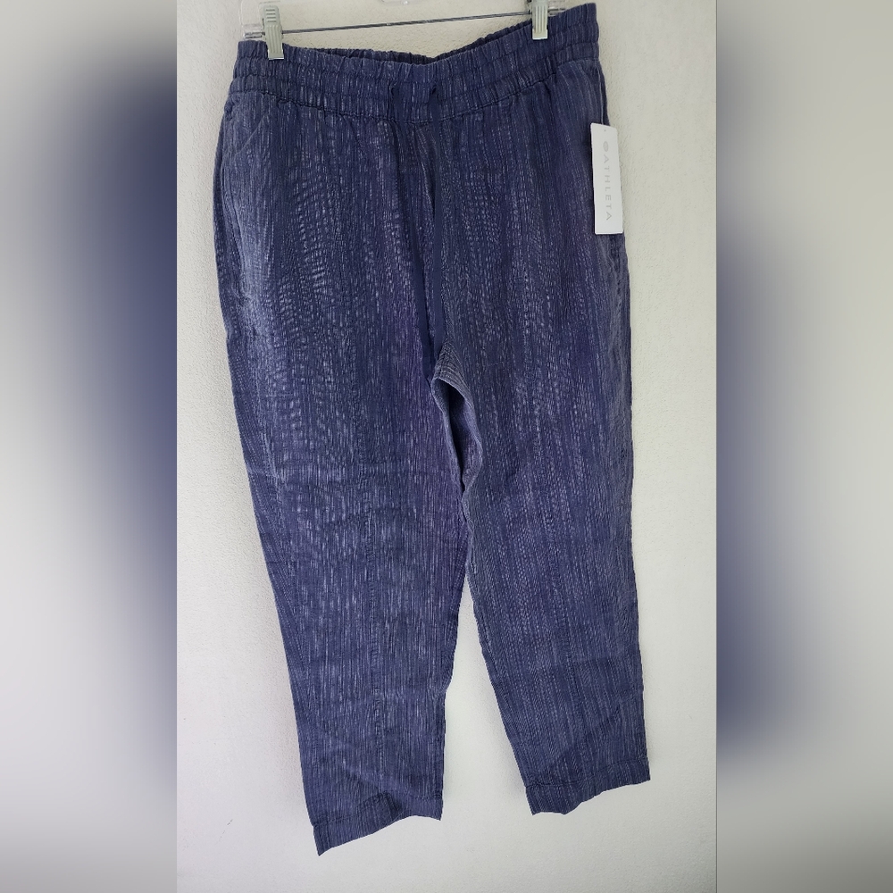Athleta Retreat Linen Ankle Pant Blue Purple Striped Drawstring Size Large NWT